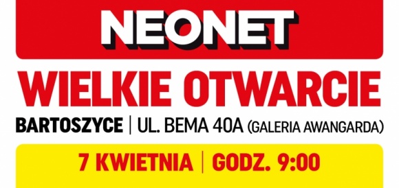 Nowy salon NEONET w Bartoszycach już 7 kwietnia BIZNES, Handel - Wygodny dojazd, duży parking, sąsiedztwo innych sklepów – to zalety nowej lokalizacji salonu NEONET w Galerii Awangarda w Bartoszycach. Z okazji Wielkiego Otwarcia, już 7 kwietnia od godziny 9.00 na klientów będą czekać wyjątkowe promocje i niespodzianki.