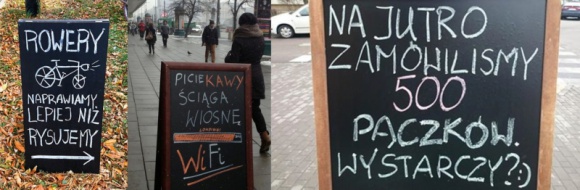 Kredą po tablicy, czyli komunikacja na potykaczu BIZNES, Handel - "Nie mamy wi-fi. Porozmawiajcie ze sobą" to hasło z potykaczy i tablic kredowych obiegło już cały świat. Potykacze nie są nowym rozwiązaniem, ale odrobina kreatywności w połączeniu z siłą social mediów, sprawiają, że ten sposób komunikacji zyskuje nowy wymiar.