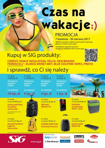 Wakacyjna akcja SIG z nagrodami BIZNES, Handel - Firma SIG przygotowała akcję promocyjną z atrakcyjnymi nagrodami. Na uczestników czekają m.in. wakacyjne vouchery. Promocja potrwa do końca czerwca 2017 roku.