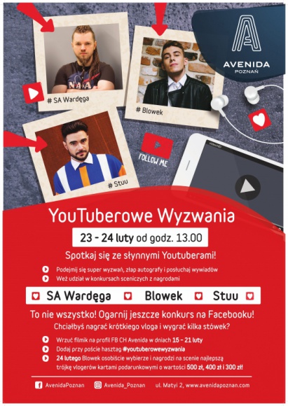 Avenida Challenge, czyli YouTuberowe wyzwania w poznańskim Centrum BIZNES, Handel - SA Wardęga, Blowek i Stuu – najpopularniejsi YouTuberzy w Polsce w dniach 23-24 lutego odwiedzą Avenidę Poznań.