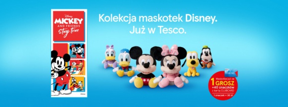 Tesco zaprasza klientów do świata Disneya – do zebrania kolekcja maskotek BIZNES, Handel - W najnowszej akcji lojalnościowej przygotowanej przez Tesco, klienci będą mogli wymienić naklejki otrzymane za zakupy na pluszowe maskotki kultowych bohaterów kreskówek Disneya.